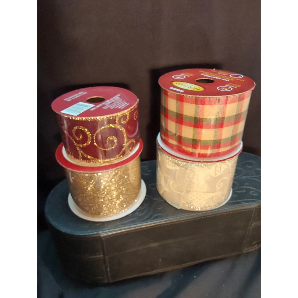 Christmas Ribbon 4 rolls 2 wired 2 regular total 105 ft Bow making Decoration